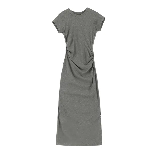 柏黛妃 纯色小飞袖设计感修身收腰短袖连衣裙 女款 灰色