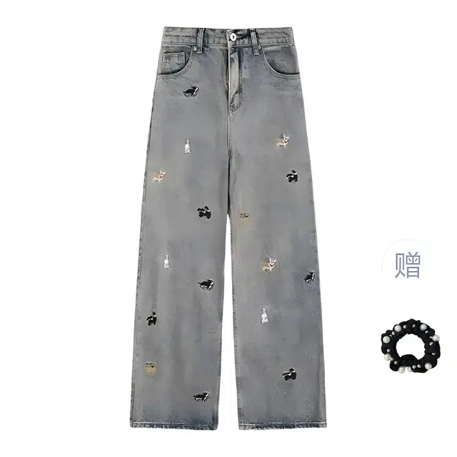 雾闪闪 美式趣味小狗刺绣高腰显瘦直筒宽松休闲裤 女款 复古蓝