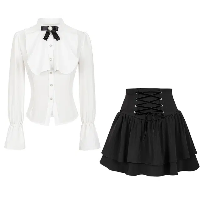 九条喵 学院风蝴蝶结纽扣修身衬衫套装 女款