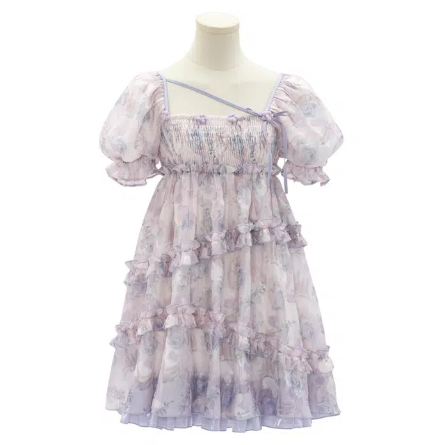 森女部落 玫瑰星湖海边度假方领碎花宽松遮肉裙子闺蜜装连衣裙 女款