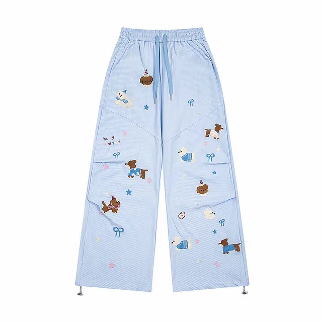 水中花 卡通刺绣百搭时尚休闲裤 男女同款