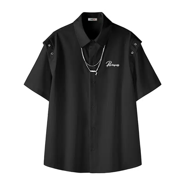 红蜻蜓 夏季轻薄美式高街休闲拼接金属装饰设计单排扣纯色街头短袖衬衫 男女同款