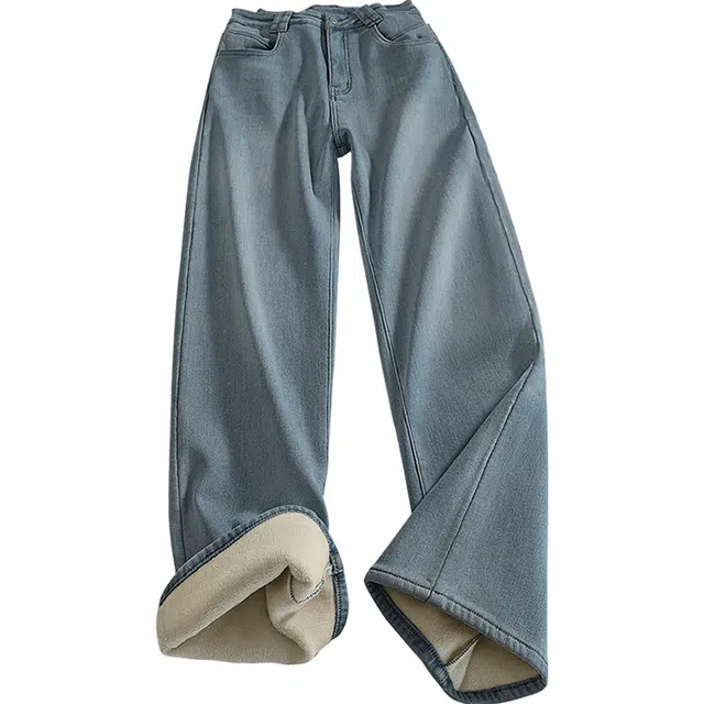 丝柏舍 加绒水洗厚款简约直筒宽松高腰长款牛仔裤 女款 浅蓝色