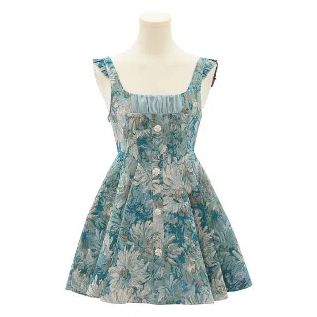 森女部落 设计感油画裙子高腰背带连衣裙 女款