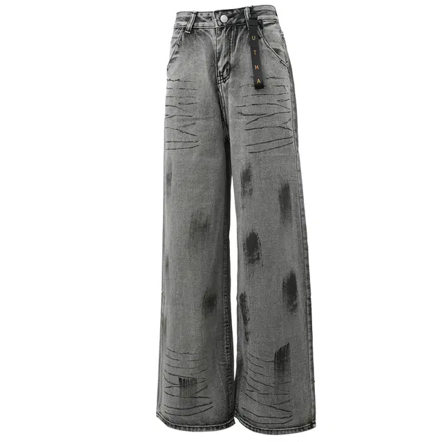 玉儿恋 美式高品质个性开学季复古扎染阔腿宽松牛仔裤 女款 灰色