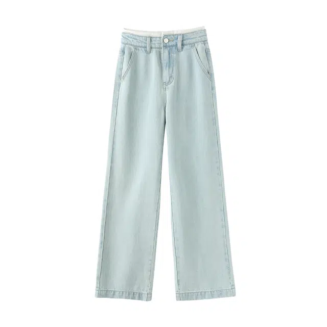 花栗鼠小姐 冰氧牛仔系列 时髦休闲清爽通勤风撞色高腰假两件宽松阔腿直筒裤遮肉显瘦长裤 女款
