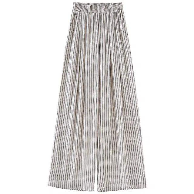 欧昵雪 松紧腰亚麻条纹直筒裤时尚高腰休闲裤 女款 杏黑条