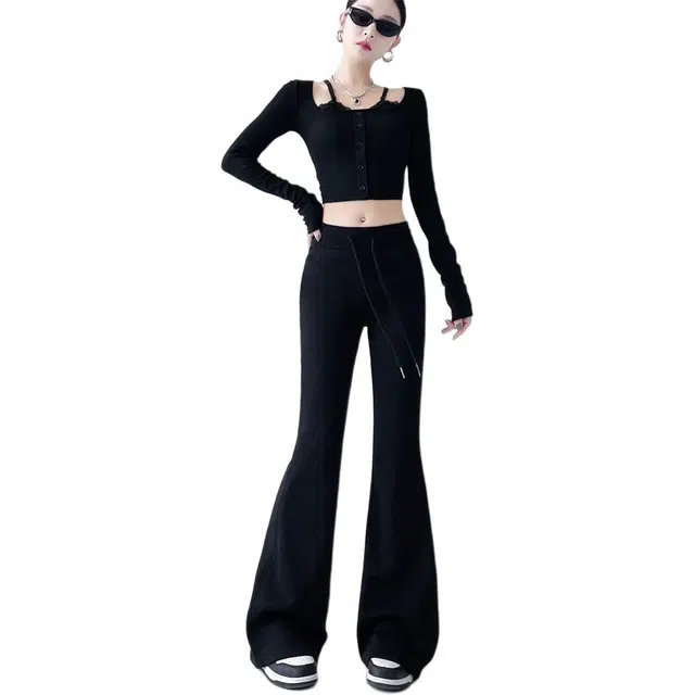 思蓓儿 纯棉微喇裤女高腰显瘦垂感弹力修身喇叭裤马蹄裤休闲裤 女款