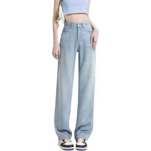 惟熙 薄款高腰直筒垂感冰丝拖地裤子牛仔裤 女款 浅蓝色