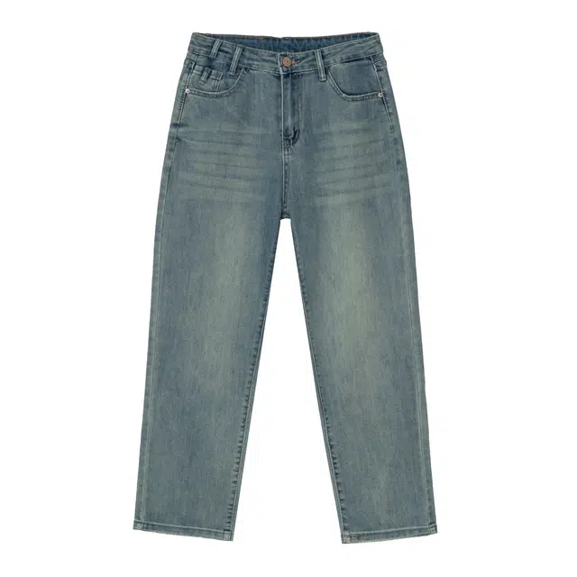 法文箱子 高腰设计宽松直筒九分牛仔裤 女款 蓝色