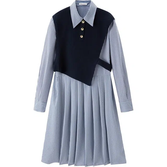 太平鸟 舒适不对称套头长袖连衣裙 女款 蓝色条纹