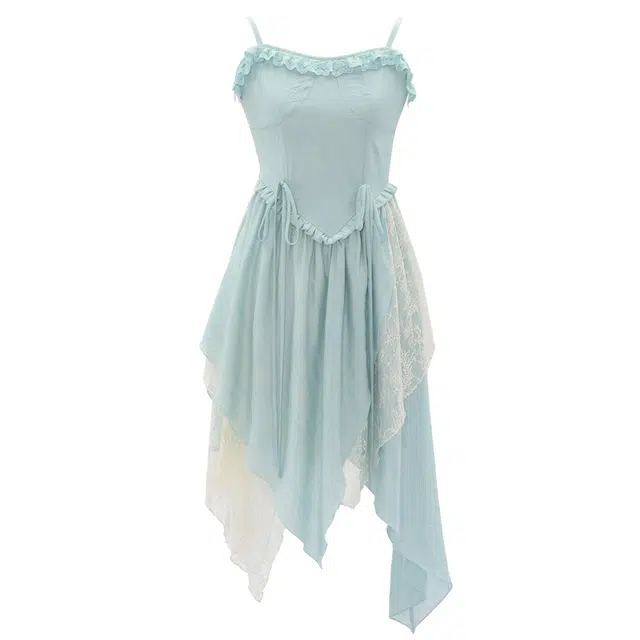 森女部落 不规则拼接方领吊带无袖连衣裙 女款 浅蓝色