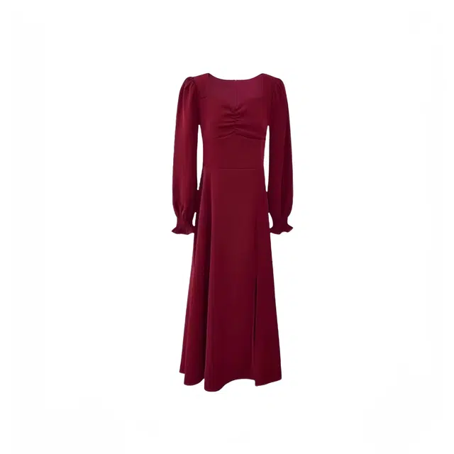 木清清 纯色圆领灯笼长袖连衣裙 女款 红色