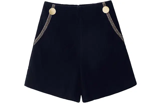 丝柏舍 复古气质拼色纽扣装饰简约宽松高腰阔腿休闲短裤 女款