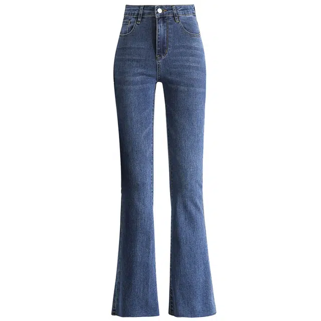 玫丝朵 纯色高腰拉链微喇休闲牛仔裤 女款 复古蓝