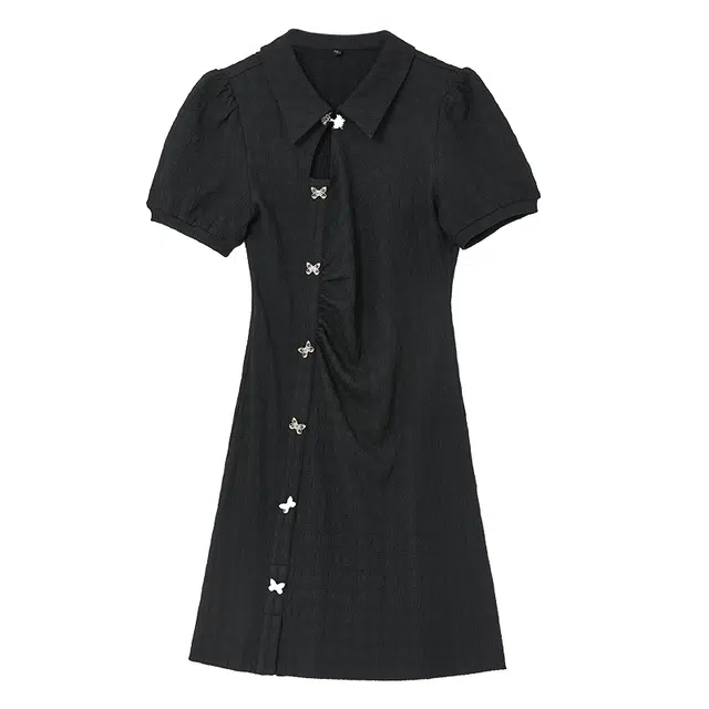 新中式高级浮雕感蝴蝶扣改良旗袍短袖连衣裙 女款 黑色