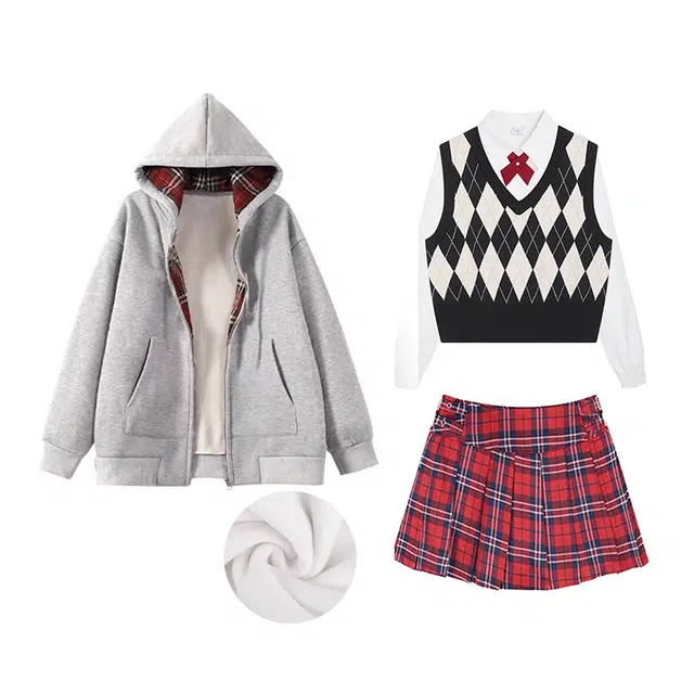 冰淇淋与鲸 美式复古宽松连帽开衫加绒卫衣红格子半身裙收腰长袖衬衫菱格马甲卫衣套装 女款