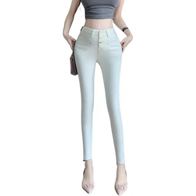 思蓓儿 高腰纯色修身铅笔牛仔裤 女款 米白色