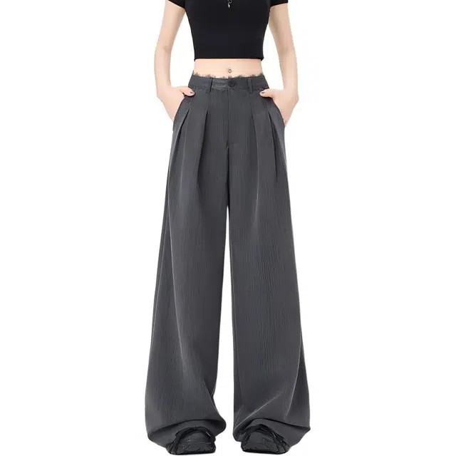 沐晓欣 蕾丝花边薄款西裤女韩版百搭垂感拖地裤子休闲裤 女款