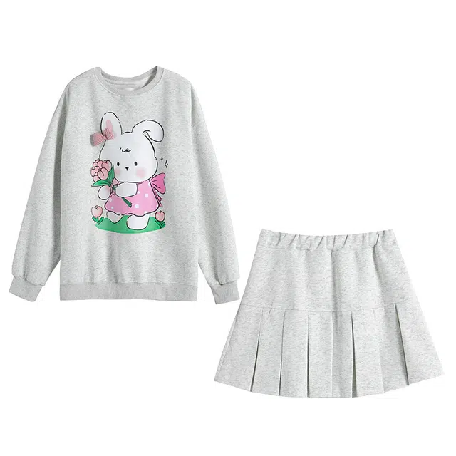 九条喵 卡通印花圆领宽松长袖卫衣纯色松紧腰短裙卫衣套装 女款