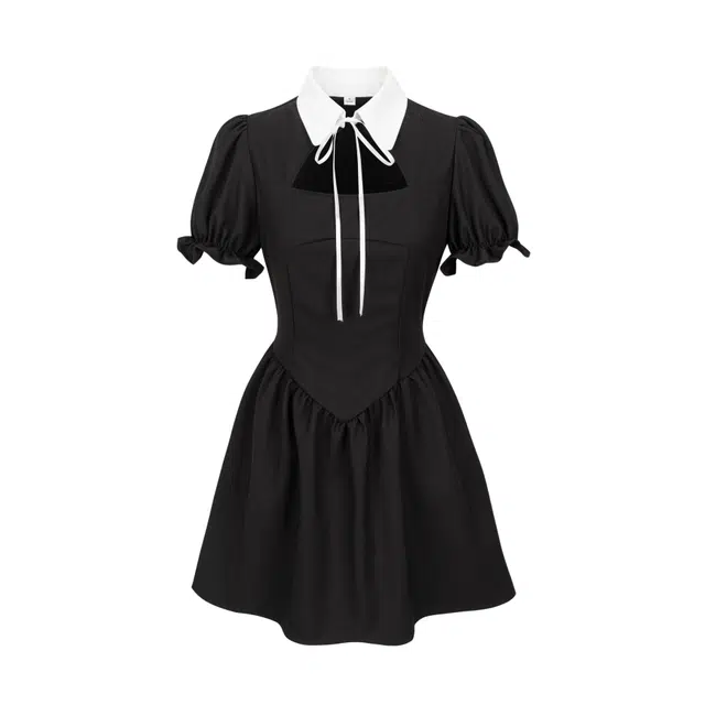 公主风衬衫领黑白拼接公主绑带泡泡袖收腰短袖连衣裙 女款 黑色