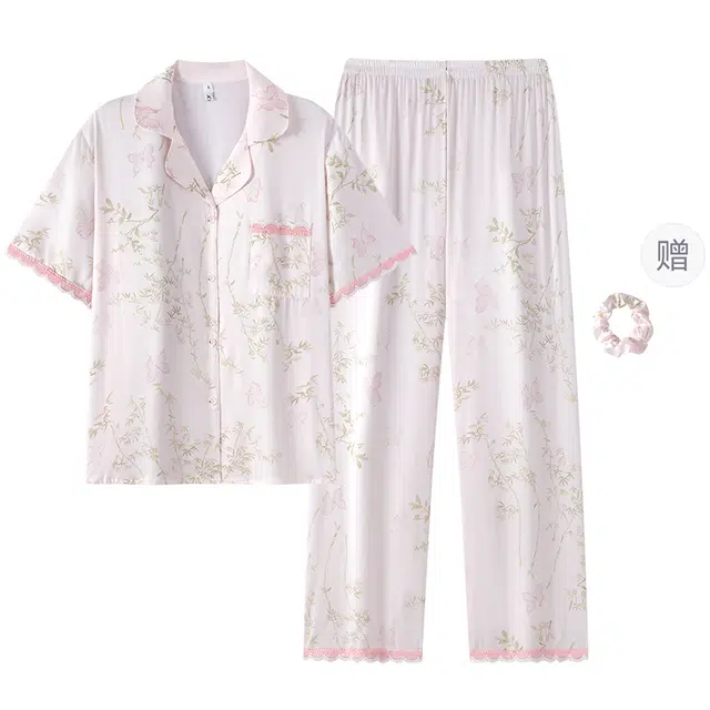 宫蝶 冰丝短袖长裤休闲薄款家居服满印可外穿开衫睡衣套装 女款