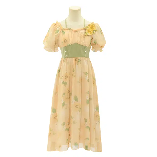 森女部落 法式挂脖裙子收腰田园度假风中长款连衣裙 女款 黄色