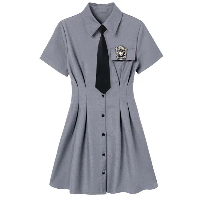 收腰带刺绣徽章带衬衫短袖连衣裙 女款 灰色