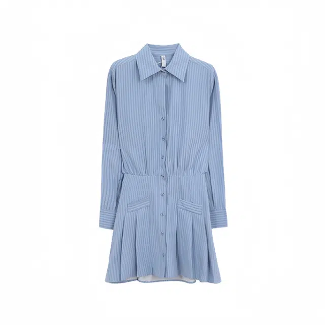 木清清 法式收腰高级感气质长袖连衣裙 女款 蓝白条