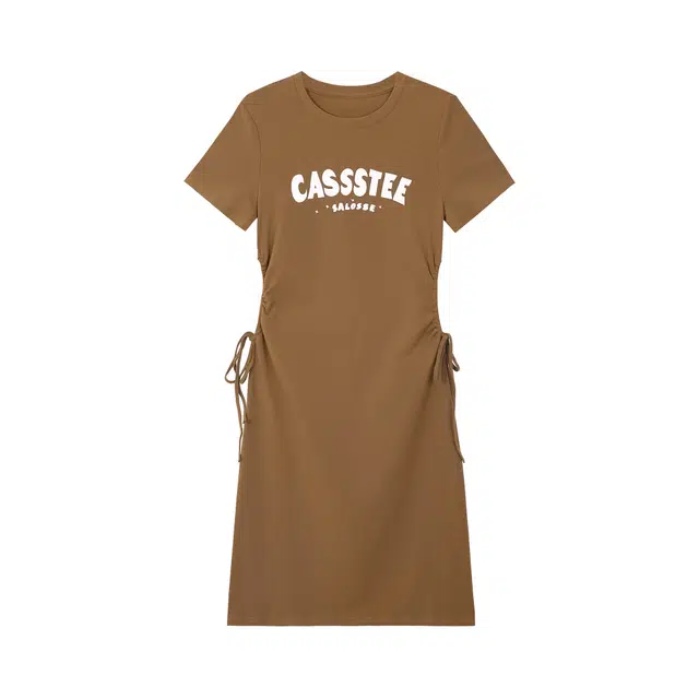 麓蔓蒂 腰部镂空抽绳褶皱设计感裙子气质休闲百搭中长款短袖连衣裙 女款