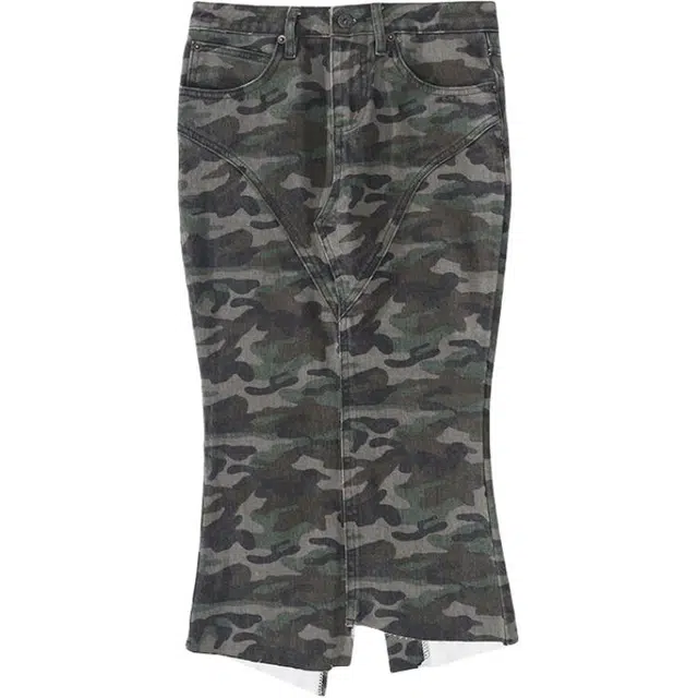 拾籍 夏季迷彩半身裙辣妹修身显瘦高腰鱼尾裙不规则牛仔长裙 女款