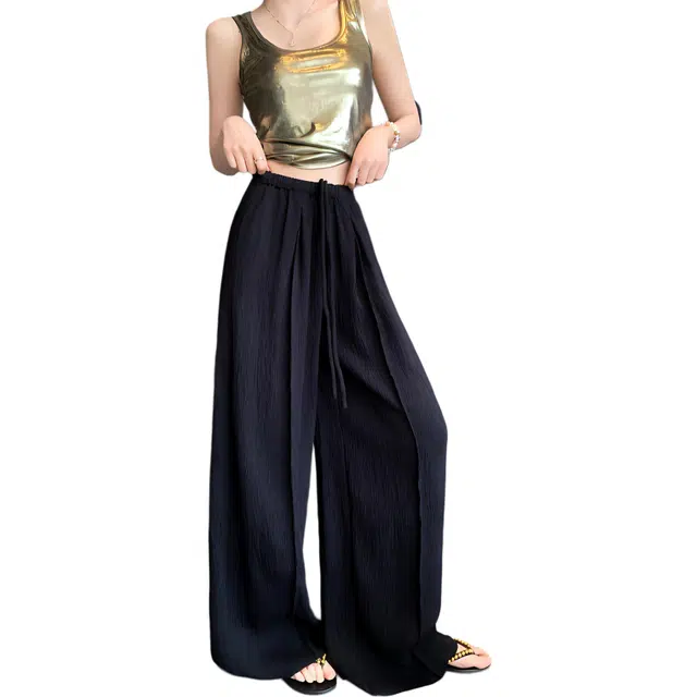 水中花 肌理感抽绳宽松阔腿高腰休闲裤 女款