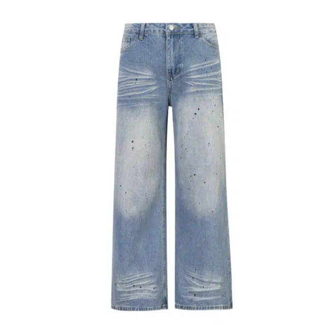 玉儿恋 水洗做旧中腰宽松直筒拉链牛仔裤 女款 蓝色