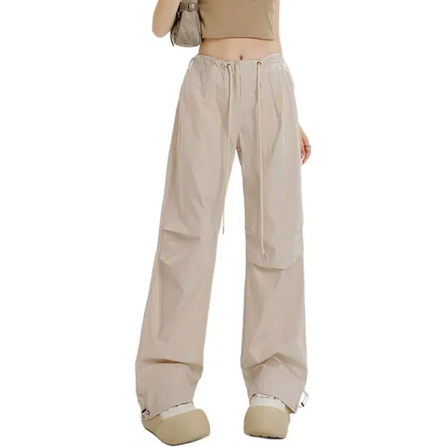 么宁 美式阔腿伞兵工装裤阔腿宽松直筒显瘦百搭复古纸袋裤休闲裤 男女同款