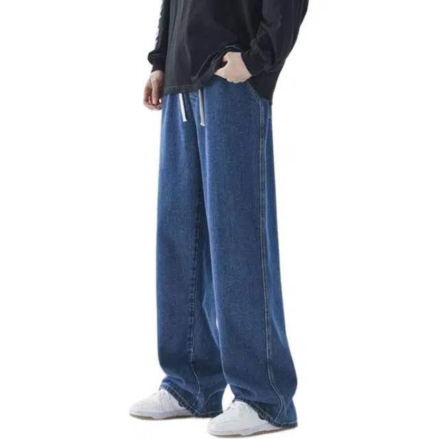 法文箱子 包边橡筋裤宽松阔腿休闲薄款夏季牛仔裤 男款