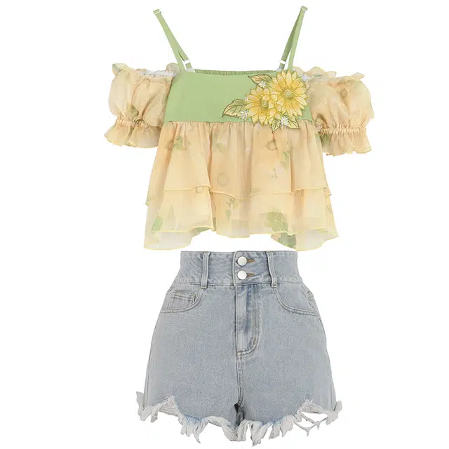 森女部落 初恋桔梗法式上衣一字肩田园风闺蜜装衬衫高腰牛仔裤套装 女款