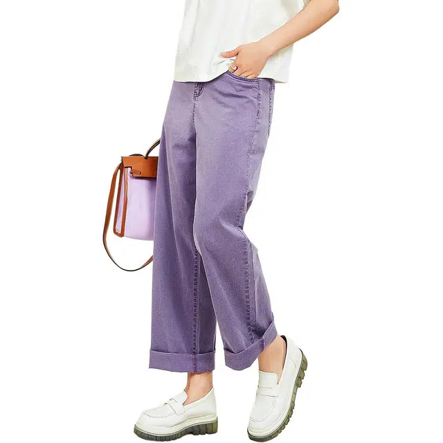 木果果木 复古百搭阔腿直筒高腰时尚简约休闲裤 女款 晚霞紫