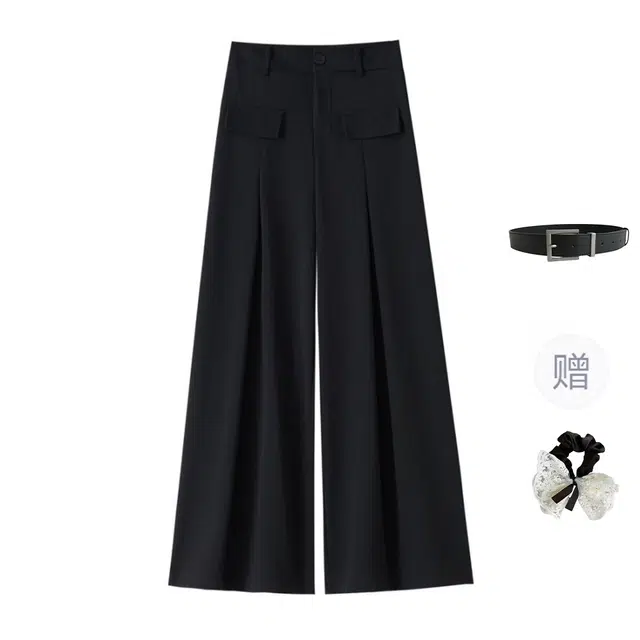 涂诗菲 韩系慵懒风高级感垂感西装裤高腰显瘦宽松拖地直筒休闲裤 女款 黑色
