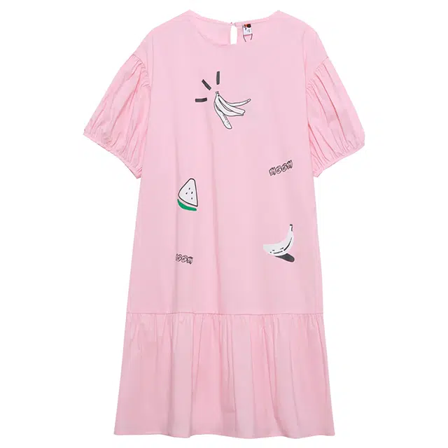 木果果木 甜美薄款泡泡袖圆领短款短袖连衣裙 女款