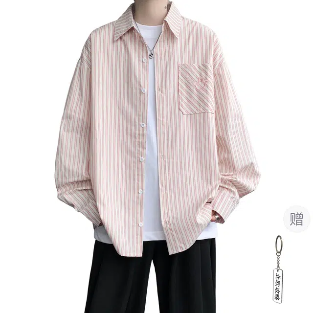 北欧攻略 美式高级感垂感轻薄透气飘逸刺绣笑脸条纹宽松休闲通勤痞帅松弛少年感翻领长袖衬衫 男女同款