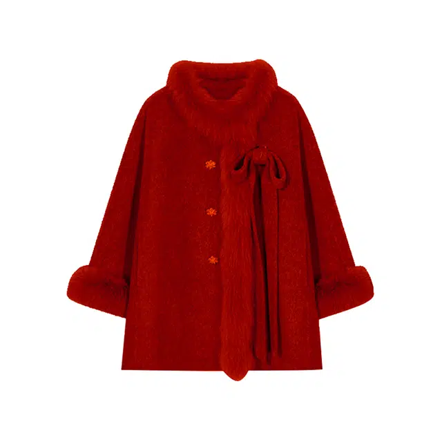 桴生 毛毛蝴蝶结气质休闲长袖毛呢大衣棉服 女款