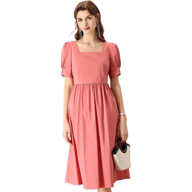 粉红玛琍 薄款方领泡泡袖短袖连衣裙 女款 白桃粉