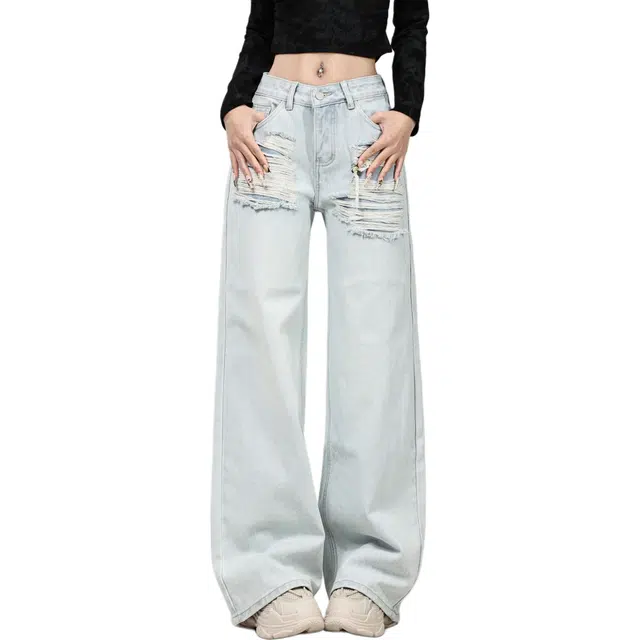 莫代尔 小个子低腰水洗磨破美式复古做旧直筒拖地牛仔裤 女款 浅蓝色