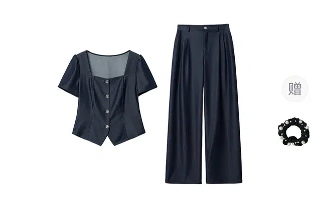 雾闪闪 韩系复古方领牛仔短袖上衣垂感阔腿长裤休闲套装 女款