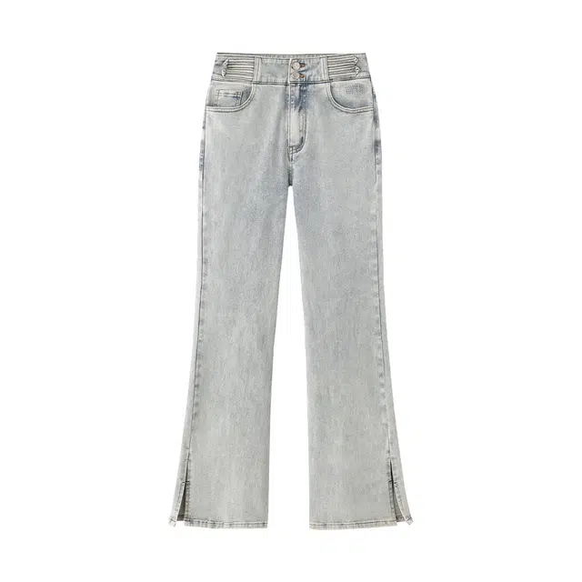 花栗鼠小姐 别序 新中式国风开叉高腰宽腰头显瘦精美刺绣贴片微喇牛仔裤 女款 复古蓝