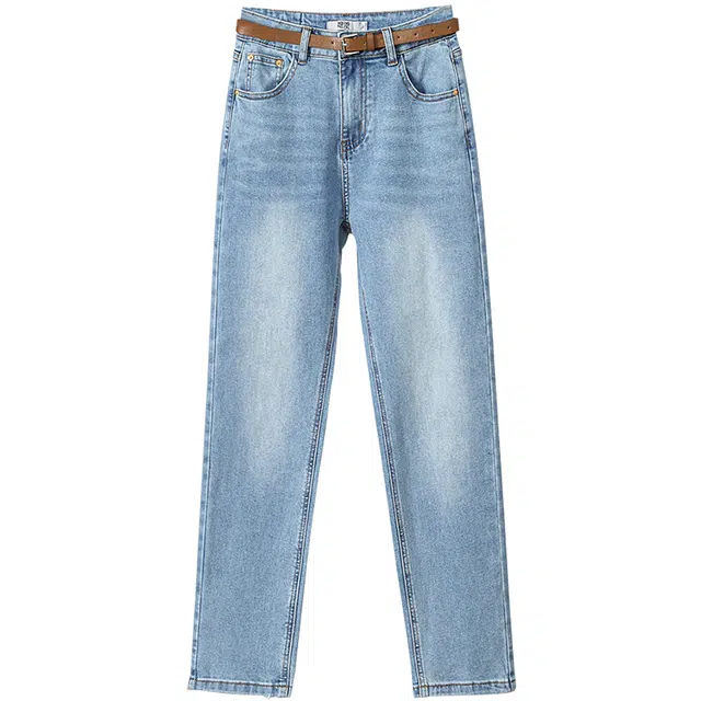 她池 简约高腰拉链直筒九分牛仔裤 女款 浅蓝色
