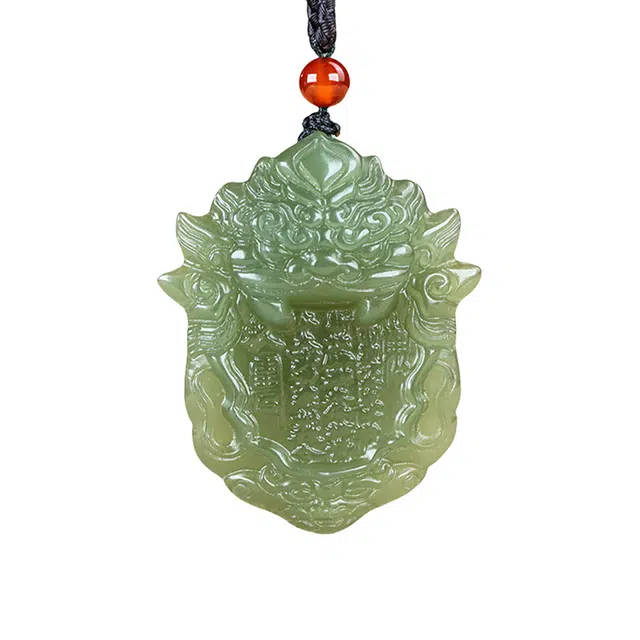 舒杰 【山鬼花钱】国潮风油润精雕湖水绿仿古兽头毛衣链 项链 青白玉 男女同款情侣款