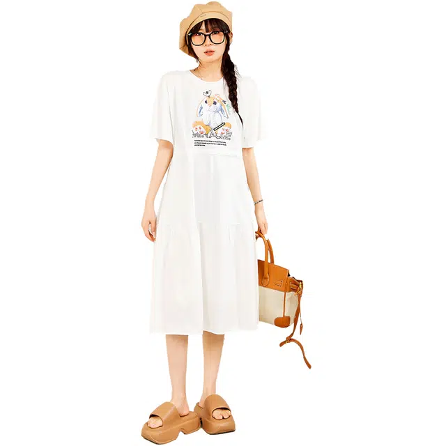 木果果木 甜美兔子宽松简约中长款短袖连衣裙 女款