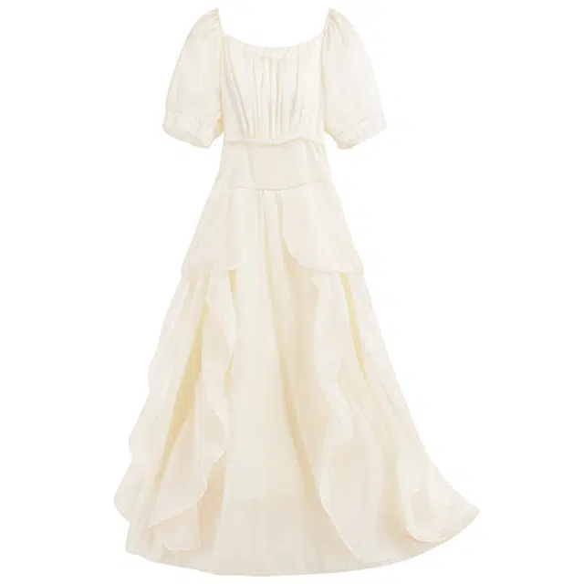 纯色方领网纱短袖连衣裙 女款 含礼盒装 杏色