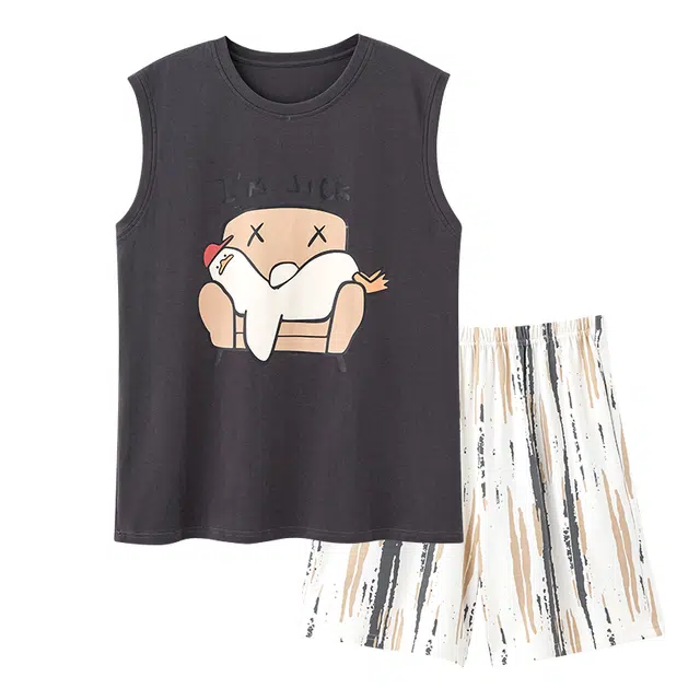 顶瓜瓜 纯棉无袖背心可爱卡通鸭子条纹休闲舒适家居服睡衣套装 男款